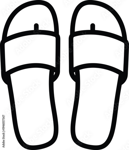 Black and white line art icon of a pair of casual summer flip flops or slide sandals
