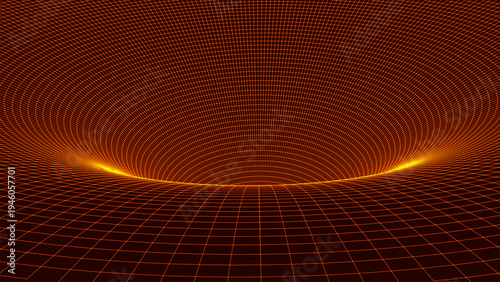This vector illustration depicts a deep digital vortex created from a curved neon grid that recedes into perspective, creating the effect of virtual space.