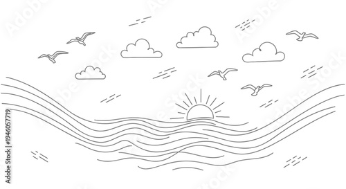 Vector illustration of sun rising over sea with clouds and birds