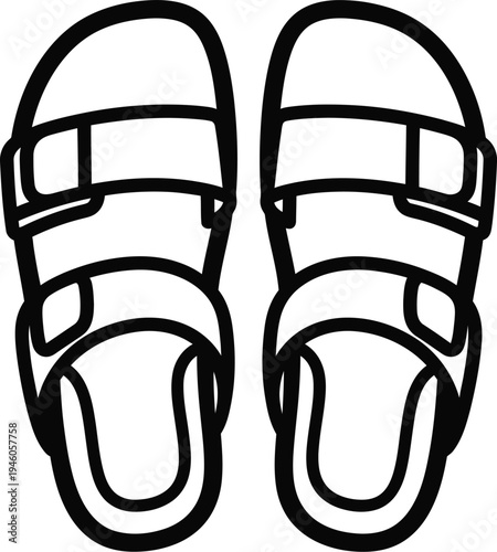 A simple line art illustration of a pair of casual two strap sandals from a top view