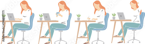 Young woman sitting at desk working on laptop drinking coffee and taking notes for freelance remote work and office lifestyle concept flat vector,