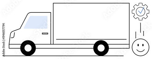 Logistics concept. Logistics illustrated with truck, gear, and happy face emphasizing operational efficiency and customer satisfaction in supply chain. For delivery, efficiency, and supply chain