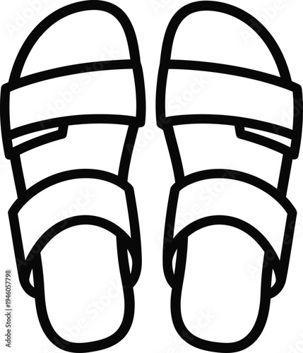 Simple black and white outline illustration of a pair of comfortable summer sandals for casual wear