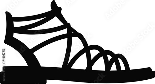 Black silhouette of a stylish gladiator sandal with multiple thin straps and a flat sole