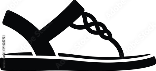 Simple black silhouette icon of a summer sandal with straps and a thin sole for footwear