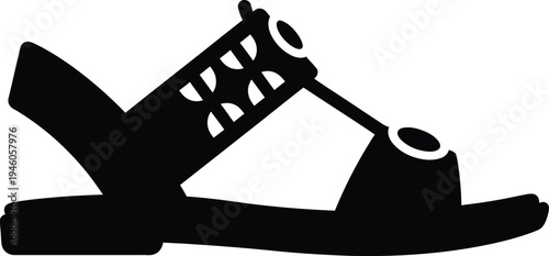 Black silhouette of a stylish woman's flat summer sandal with intricate strap details and a back strap.