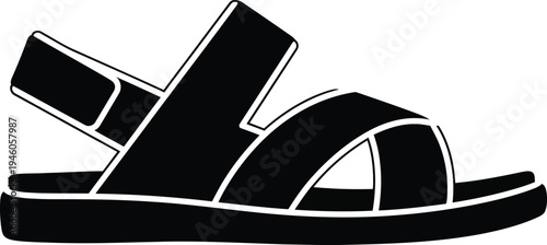 Minimalist black icon of a strappy summer sandal featuring a flat sole and comfortable design