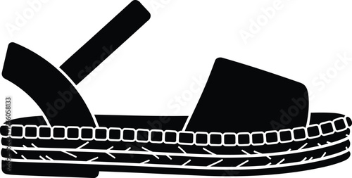 Black silhouette of a stylish summer espadrille sandal with a woven sole and ankle strap