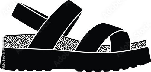 Black silhouette of a stylish platform sandal featuring multiple straps and a textured cork midsole