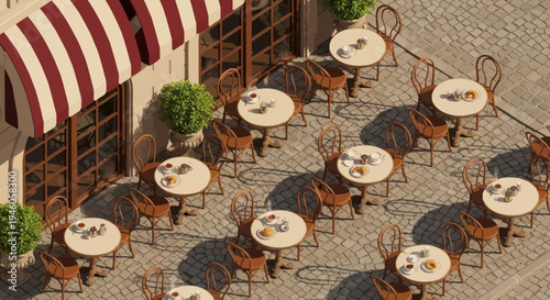 Outdoor cafe tables and chairs with striped awning.