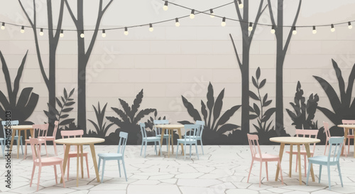 Outdoor cafe tables and chairs with string lights overhead.