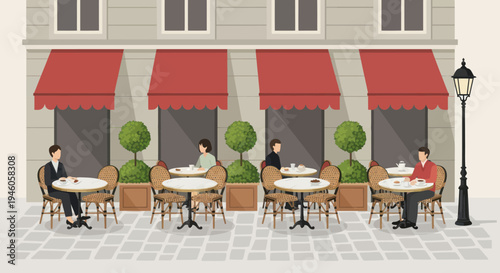 People enjoying coffee at outdoor cafe tables with red awnings.