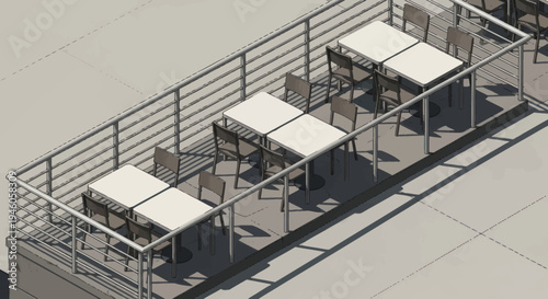 Outdoor dining tables and chairs on a rooftop terrace.