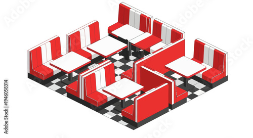 Retro Diner Booths and Tables Arrangement.