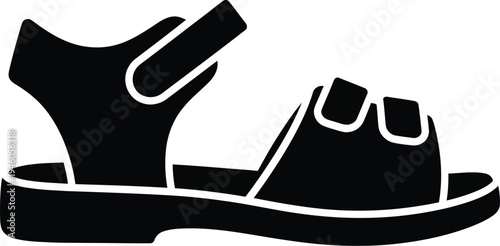 Simple black silhouette icon of a comfortable summer sandal with adjustable velcro straps