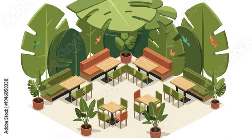 Tropical Restaurant Outdoor Seating Area with Lush Greenery.