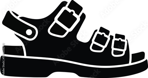 Black silhouette icon of a comfortable summer sandal with three adjustable buckle straps