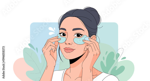 Woman applying eye patches illustration self care routine