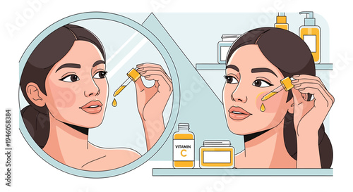 Woman applying facial serum skincare routine reflection cosmetic product vector illustration