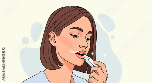 Woman applying lip balm illustration beauty skincare cosmetics concept