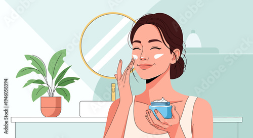 Woman applying skincare cream facial moisturizing product bathroom routine aesthetic illustration