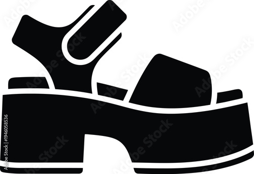 Stylish black platform sandal silhouette with a chunky heel and adjustable ankle strap design