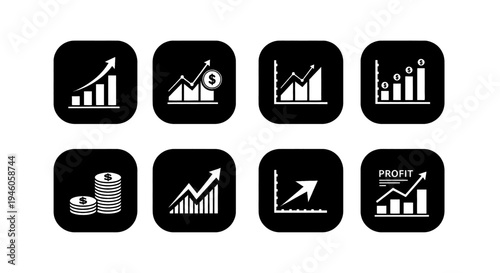 A crisp collection of icons illustrating economic progress and financial gains.