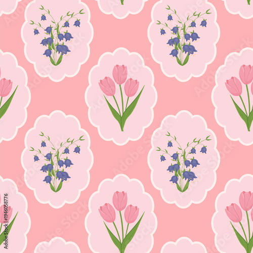 Vector seamless pattern with bell flowers and tulips on a pink background. Flat vector illustration