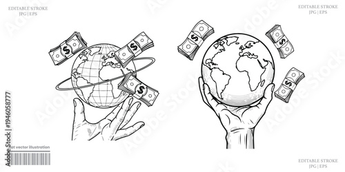 Global finance economy illustration hands holding world surrounded by floating dollar bills