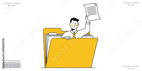 Document management illustration person holding paper emerging from yellow folder organization