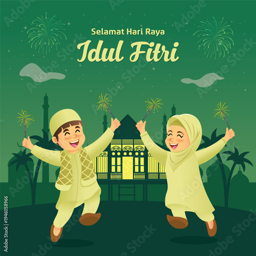 Selamat hari raya Idul Fitri is another language of happy eid mubarak in Indonesian. kids in muslim clothes jumping and playing with firecracker celebrating eid mubarak in the village