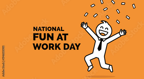 Enthusiastic businessman jumping in the air with confetti to celebrate national fun at work day on orange backdrop