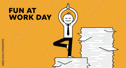Businessman character finding inner peace through yoga tree pose on piles of documents for international fun at work day concept