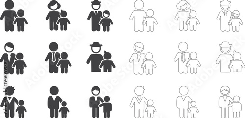 People and Families in various professions and relationships Vector silhouette icons