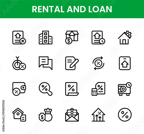 Rental and loan icon set. Rental and loan professional line icon collection with modern microfinance and small business loans.