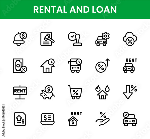 Rental and loan icon set. Rental and loan modern line icon set featuring professional payday loan and quick cash vectors.