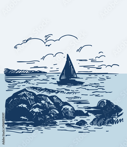 Sea sketch with rocks and seagulls, yacht, monochrome illustration, hand-drawn vector