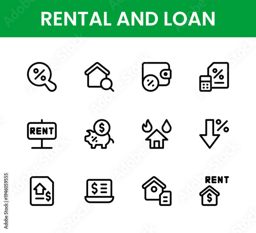 Rental and loan icon set. Rental and loan modern line icon set containing professional equipment and tool rental vectors.