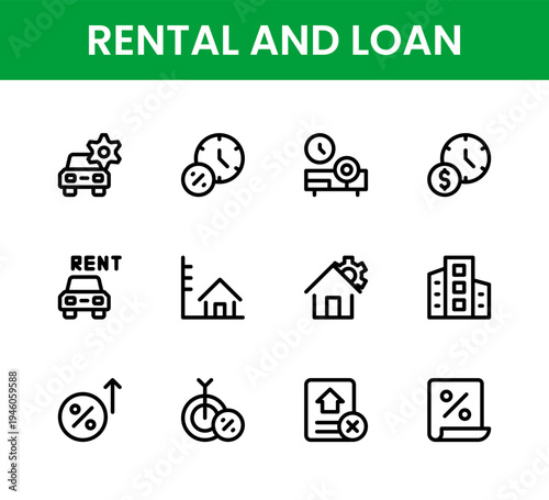 Rental and loan icon set. Rental and loan professional line icon pack with unique modern consumer lending and credit symbols.