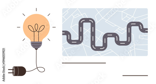 Creativity, solution pathways, design thinking, navigation concepts, roadmaps, innovation. Image of a glowing lightbulb connected to a cord and a winding road on a map. Creativity and solution
