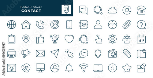 Contact. Set of outline icons. Contact us, chat, name, address, email, message, phone and more. Line icon in linear style. Vector collection	