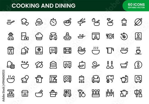 Cooking and dining icon set. Cooking and dining modern line icon collection for professional spice and herb flavoring vectors.