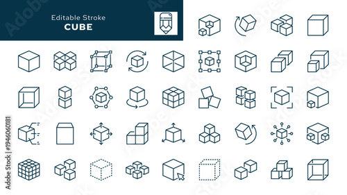 Cube. Set of outline icons. Module, box, Geometric shape, model, block, product. Line icon in linear style. Vector collection	