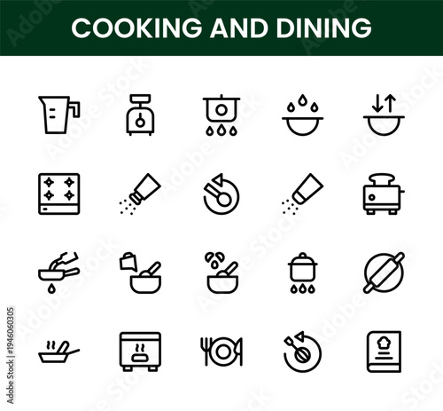 Cooking and dining icon set. Cooking and dining professional line icon pack with modern italian pasta and pizza vector symbols.