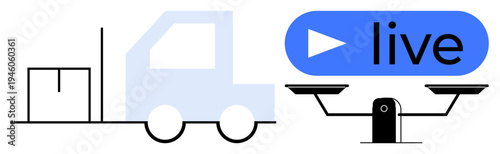 Logistics, technology, live streaming, delivery services, weighing scales, cargo movement. Truck with a load, live stream button scales. Logistics and technology visualization concept