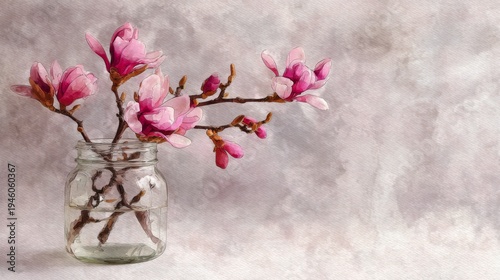 Glass Jar with Magnolia Branches Dry Brush Technique Watercolor
