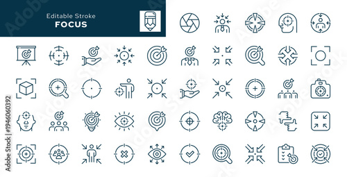 Focus. Set of outline icons. Focusing, aiming, concentration of attention, focusing the gaze, accommodation and more. Line icon in linear style. Vector collection	

