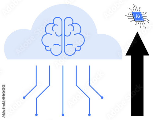 Artificial intelligence, cloud technology, computing innovation, machine learning, data processing, technological advancement. Brain inside a cloud connected to circuits with an upward arrow nearby