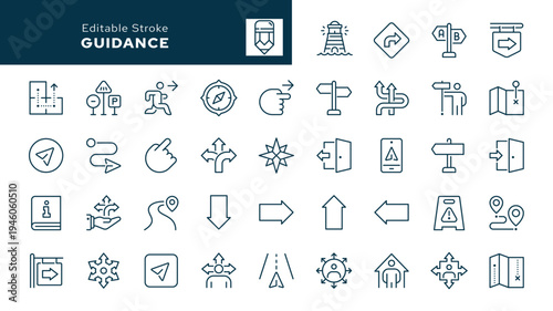 Guidance. Set of outline icons. Pointer, direction of movement, orientation, navigation, map, signboard, exit, enter, path, route and more. Line icon in linear style. Vector collection	