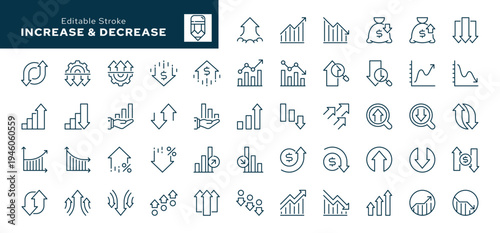 Increase and decrease. Set of outline icons. Profit, stock market, growth, fall, arrow up, down and more. Line icon in linear style. Vector collection